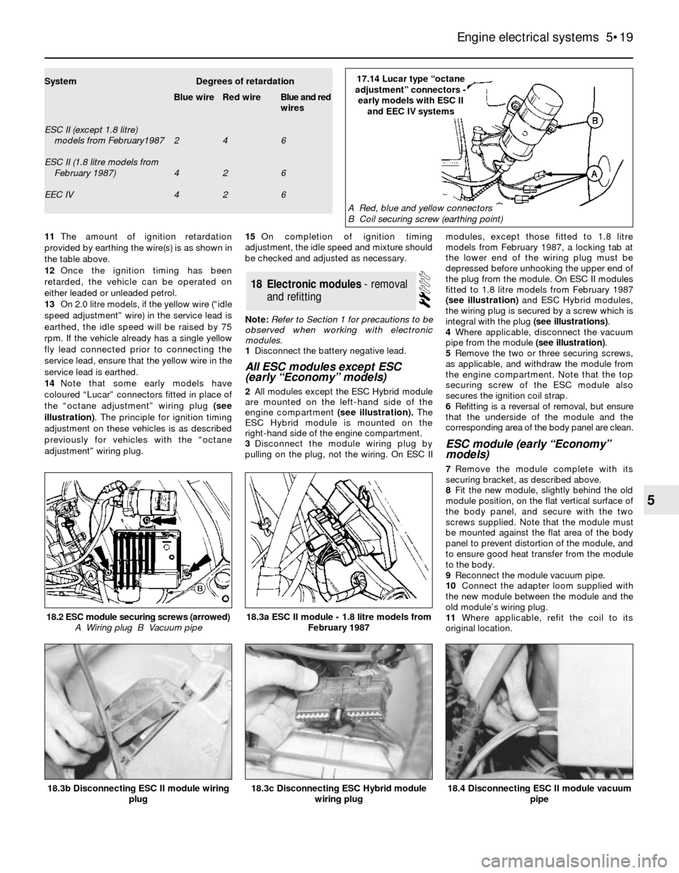 FORD SIERRA 1991 2.G Engine Electrical Systems Workshop Manual 11The amount of ignition retardation
provided by earthing the wire(s) is as shown in
the table above.
12Once the ignition timing has been
retarded, the vehicle can be operated on
either leaded or unle