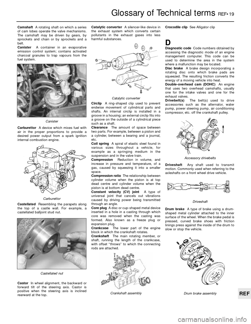 FORD SIERRA 1987 2.G Reference Workshop Manual Glossary of Technical termsREF•19
REF
CamshaftA rotating shaft on which a series
of cam lobes operate the valve mechanisms.
The camshaft may be driven by gears, by
sprockets and chain or by sprocket