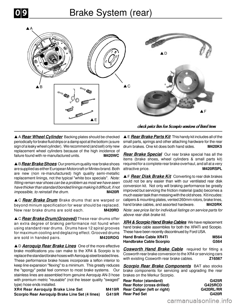 FORD SIERRA 1988 2.G XR4 Workshop Manual pA
pBpC
pEpD
pE Rear Brake Parts Kit  This handy kit includes all of the
small parts, springs and other attaching hardware for the rear
drum brakes. One kit does both hand sides.M420K5
Rear Brake Spec