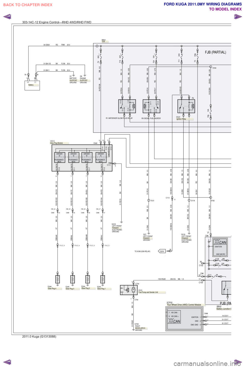FORD KUGA 2011 1.G Wiring Diagram Workshop Manual .TO KVM (IGN RELAY)
FJB (PARTIAL)
PJB (PA
+60AF6
BB03.
PM
(+) (-)
.
25.0
FWK
RD
30-DA25
+
E244
.
+
.
E246
+
.
E245
+
.
E243
C1-5
C1-1C1-3
C1-2
R5 DIESEL FUEL HEATER
+15AF24
30-PE17 RD WA 0.75
C102 36
