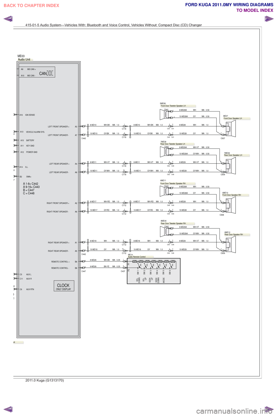 FORD KUGA 2011 1.G Wiring Diagram Workshop Manual C937
4
1
4
C939
1
C938
4
1
4
C939
6
2
C437
1
8
C447
43
1.0
WA
WH
8-MD18
8-MD17 WH-RD WA 1.0
1.0
WA
WH-VT
8-MD11
8-MD10 WH-BK WA 1.0
7ME09
10-MD10 GY-BK WA 1.0
1.0
WA
GY-WH
10-MD11
10-MD17 GY-RD WA 1.0