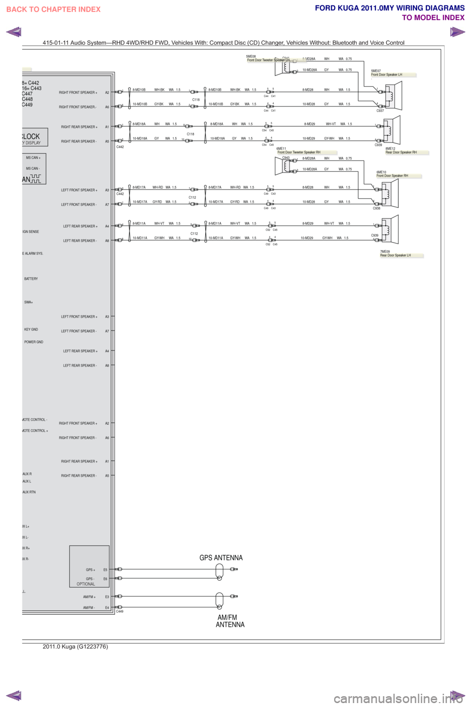 FORD KUGA 2011 1.G Wiring Diagram Workshop Manual ANTENNAAM/FM
LY DISPLAY
OPTIONAL
GPS ANTENNA
1
C937
4
1
C9394
1
C938
4
1
4C939
9
C11210
C112
1
2
4
8
1
5
C442
1.5
WA
WH
8-MD18A
1.5
WA
WH-RD
8-MD17A
1.5
WA
WH-VT
8-MD11A
8-MD10B WH-BK WA 1.5
. 7ME09
8