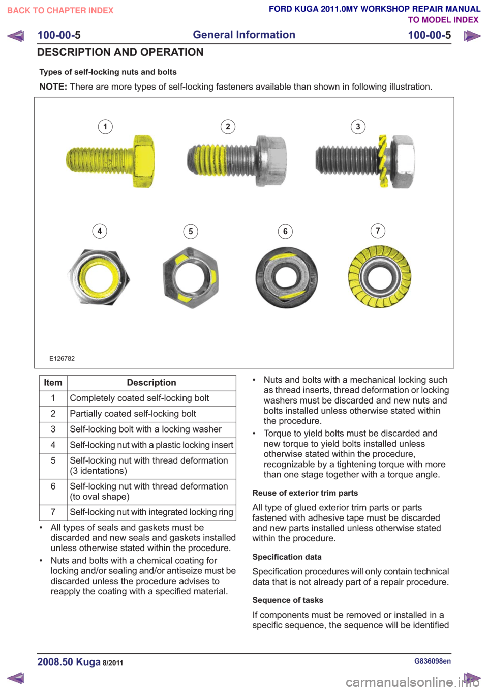 FORD KUGA 2011 1.G Workshop Manual Types of self-locking nuts and bolts
NOTE:There are more types of self-locking fasteners available than shown in following illustration.
E126782
123
4567
Description
Item
Completely coated self-lockin