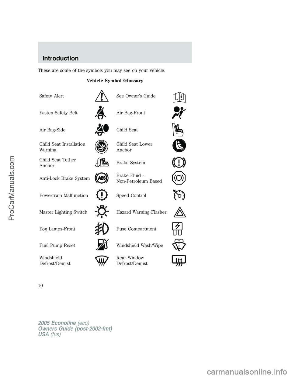 FORD E-250 2005  Owners Manual These are some of the symbols you may see on your vehicle.
Vehicle Symbol Glossary
Safety Alert
See Owner’s Guide
Fasten Safety BeltAir Bag-Front
Air Bag-SideChild Seat
Child Seat Installation
Warni