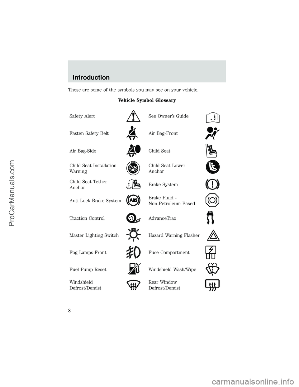 FORD E-250 2002  Owners Manual These are some of the symbols you may see on your vehicle.
Vehicle Symbol Glossary
Safety Alert
See Owner’s Guide
Fasten Safety BeltAir Bag-Front
Air Bag-SideChild Seat
Child Seat Installation
Warni