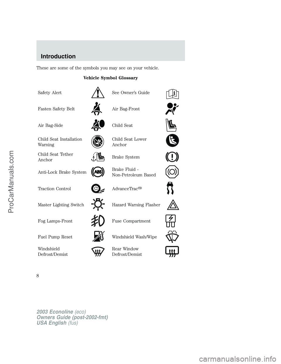 FORD E-450 2003  Owners Manual These are some of the symbols you may see on your vehicle.
Vehicle Symbol Glossary
Safety Alert
See Owner’s Guide
Fasten Safety BeltAir Bag-Front
Air Bag-SideChild Seat
Child Seat Installation
Warni