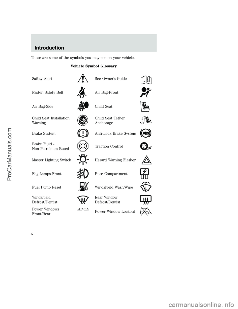 FORD F250 2001  Owners Manual These are some of the symbols you may see on your vehicle.
Vehicle Symbol Glossary
Safety Alert
See Owner’s Guide
Fasten Safety BeltAir Bag-Front
Air Bag-SideChild Seat
Child Seat Installation
Warni