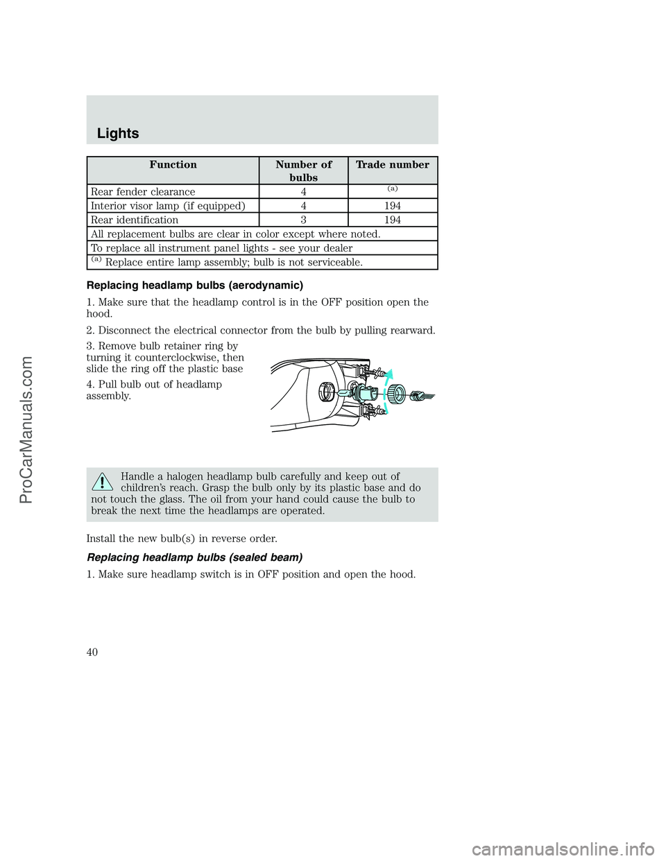 FORD F350 2002  Owners Manual Function Number of
bulbsTrade number
Rear fender clearance 4
(a)
Interior visor lamp (if equipped) 4 194
Rear identification 3 194
All replacement bulbs are clear in color except where noted.
To repla