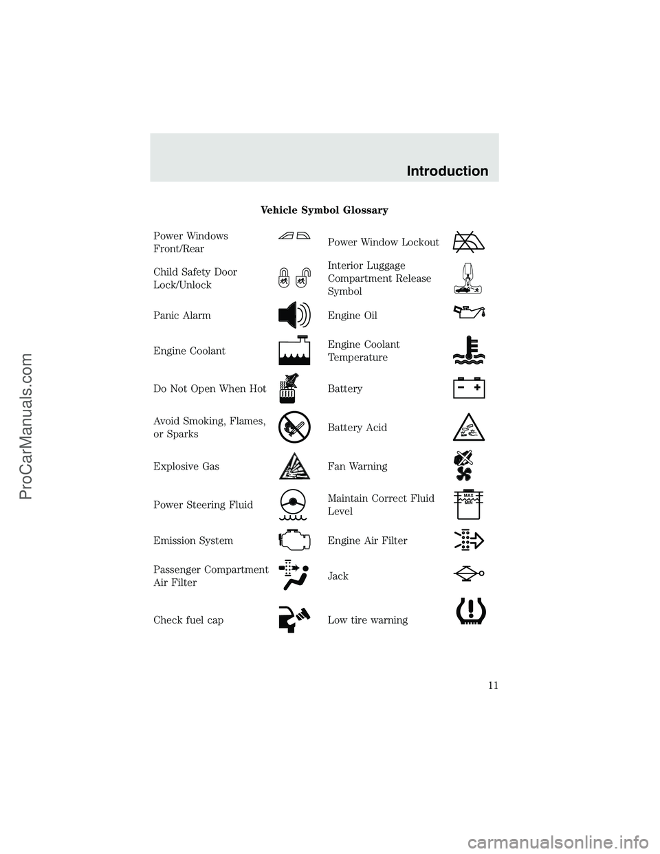 FORD F350 2003  Owners Manual Vehicle Symbol Glossary
Power Windows
Front/Rear
Power Window Lockout
Child Safety Door
Lock/UnlockInterior Luggage
Compartment Release
Symbol
Panic AlarmEngine Oil
Engine CoolantEngine Coolant
Temper