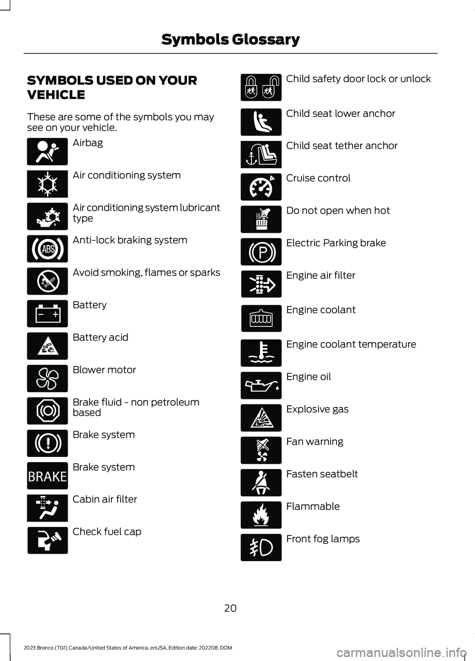 FORD BRONCO 2023  Owners Manual SYMBOLS USED ON YOUR
VEHICLE
These are some of the symbols you maysee on your vehicle.
Airbag
Air conditioning system
Air conditioning system lubricanttype
Anti-lock braking system
Avoid smoking, flam