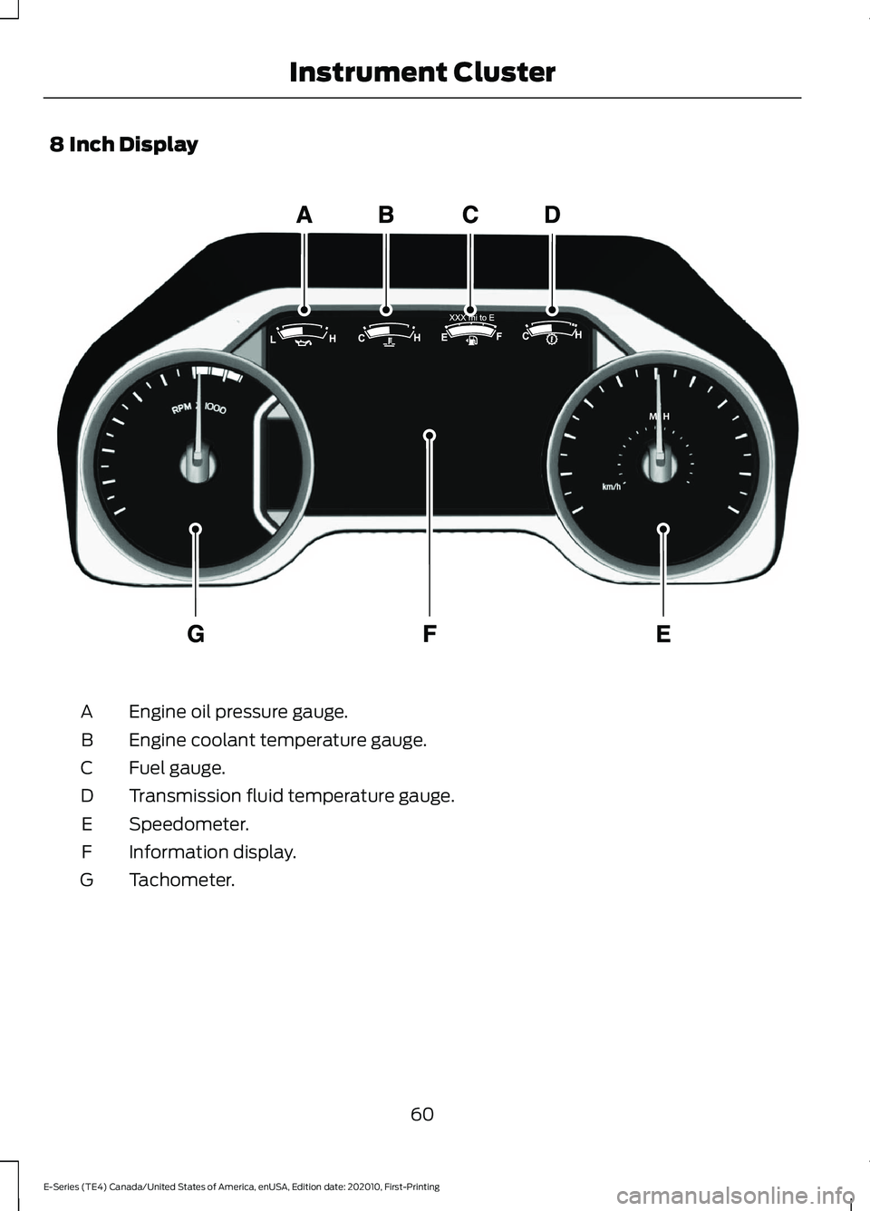 FORD E SERIES 2022  Owners Manual 8 Inch Display
Engine oil pressure gauge.
A
Engine coolant temperature gauge.
B
Fuel gauge.
C
Transmission fluid temperature gauge.
D
Speedometer.
E
Information display.
F
Tachometer.
G
60
E-Series (T