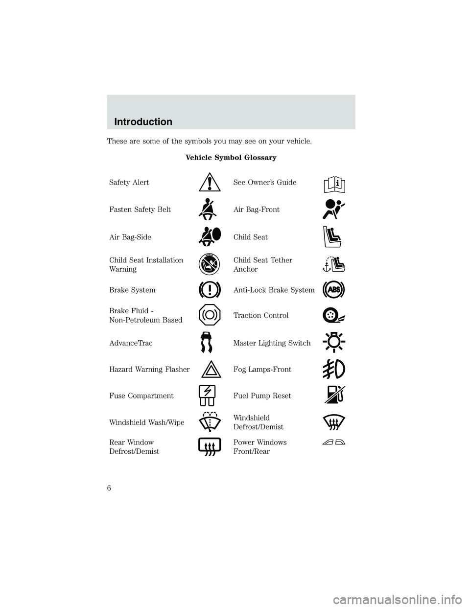FORD EXPLORER SPORT TRAC 2002  Owners Manual These are some of the symbols you may see on your vehicle.
Vehicle Symbol Glossary
Safety Alert
See Owner’s Guide
Fasten Safety BeltAir Bag-Front
Air Bag-SideChild Seat
Child Seat Installation
Warni