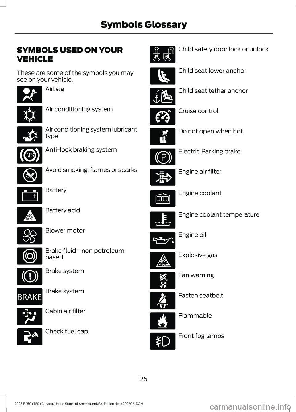 FORD F150 2023  Owners Manual SYMBOLS USED ON YOUR
VEHICLE
These are some of the symbols you maysee on your vehicle.
Airbag
Air conditioning system
Air conditioning system lubricanttype
Anti-lock braking system
Avoid smoking, flam