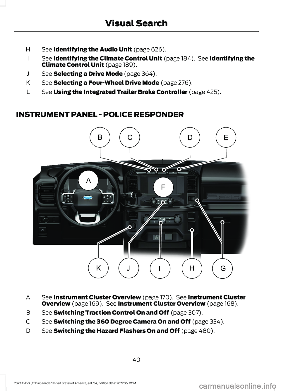 FORD F150 2023  Owners Manual See Identifying the Audio Unit (page 626).H
See Identifying the Climate Control Unit (page 184). See Identifying theClimate Control Unit (page 189).I
See Selecting a Drive Mode (page 364).J
See Select
