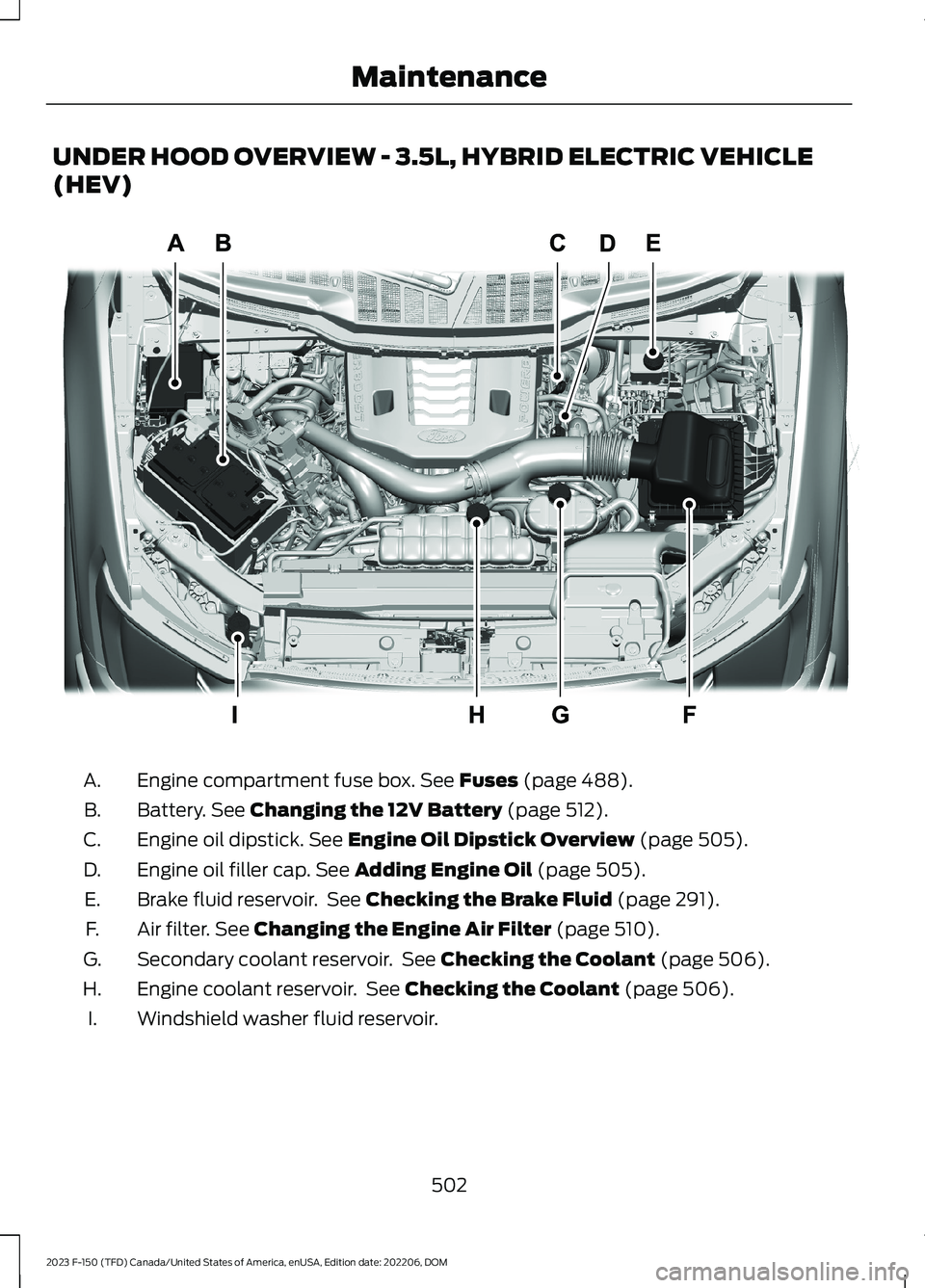 FORD F150 2023  Owners Manual UNDER HOOD OVERVIEW - 3.5L, HYBRID ELECTRIC VEHICLE
(HEV)
Engine compartment fuse box. See Fuses (page 488).A.
Battery. See Changing the 12V Battery (page 512).B.
Engine oil dipstick. See Engine Oil D