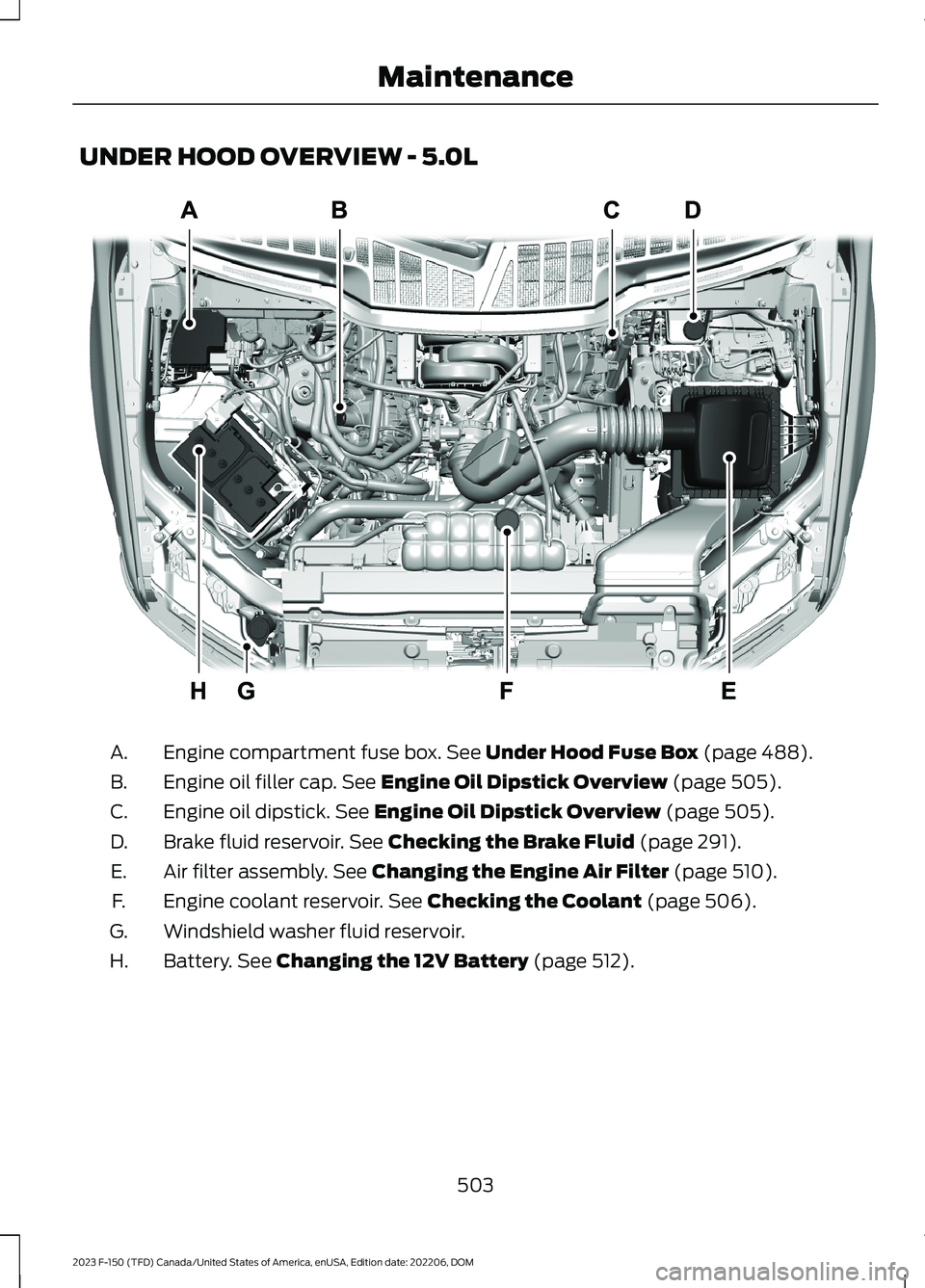 FORD F150 2023  Owners Manual UNDER HOOD OVERVIEW - 5.0L
Engine compartment fuse box. See Under Hood Fuse Box (page 488).A.
Engine oil filler cap. See Engine Oil Dipstick Overview (page 505).B.
Engine oil dipstick. See Engine Oil 