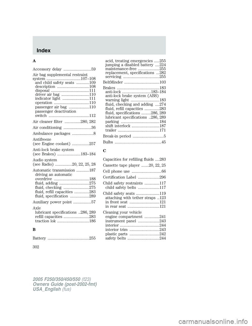 FORD F250 2005  Owners Manual A
Accessory delay ..........................59
Air bag supplemental restraint
system ................................107–108
and child safety seats ............109
description ......................