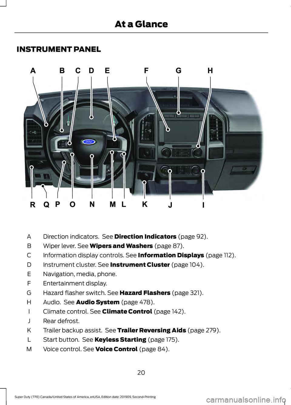 FORD F250 SUPER DUTY 2020  Owners Manual INSTRUMENT PANEL
Direction indicators.  See Direction Indicators (page 92).
A
Wiper lever.
 See Wipers and Washers (page 87).
B
Information display controls.
 See Information Displays (page 112).
C
In