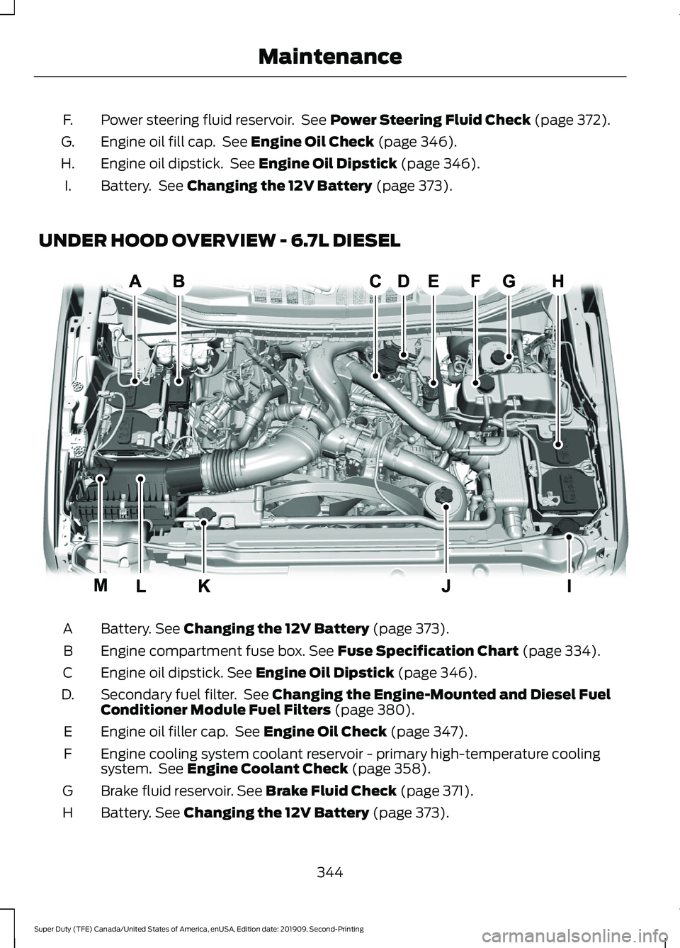 FORD F250 SUPER DUTY 2020  Owners Manual Power steering fluid reservoir.  See Power Steering Fluid Check (page 372).
F.
Engine oil fill cap.  See 
Engine Oil Check (page 346).
G.
Engine oil dipstick.  See 
Engine Oil Dipstick (page 346).
H.
