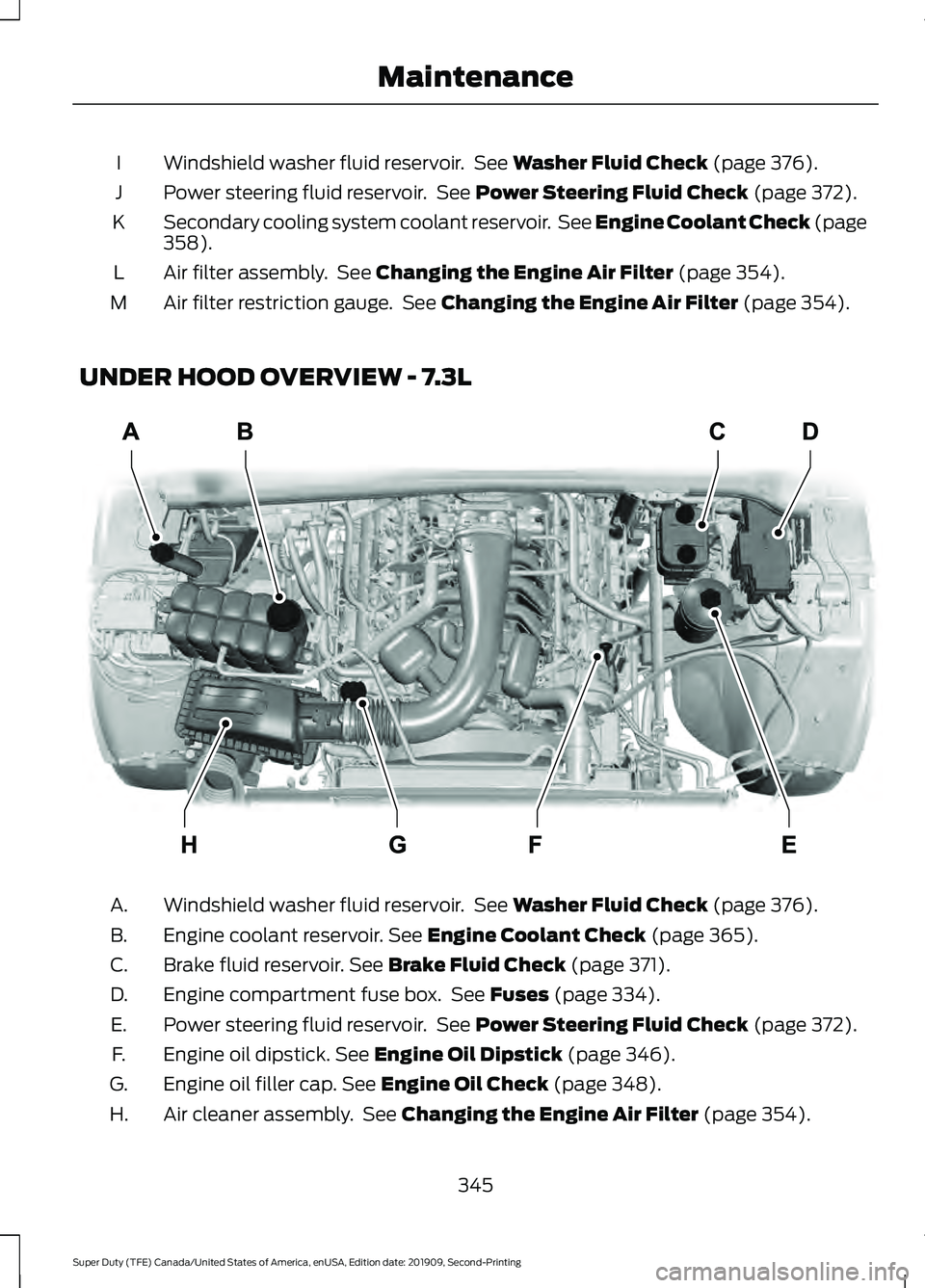FORD F250 SUPER DUTY 2020  Owners Manual Windshield washer fluid reservoir.  See Washer Fluid Check (page 376).
I
Power steering fluid reservoir.  See 
Power Steering Fluid Check (page 372).
J
Secondary cooling system coolant reservoir.  See