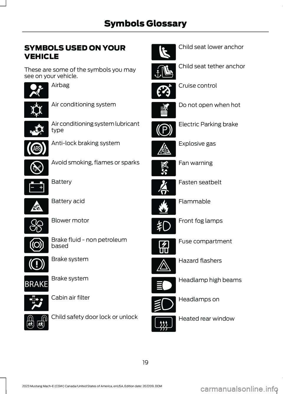 FORD MUSTANG MACH E 2023  Owners Manual SYMBOLS USED ON YOUR
VEHICLE
These are some of the symbols you maysee on your vehicle.
Airbag
Air conditioning system
Air conditioning system lubricanttype
Anti-lock braking system
Avoid smoking, flam