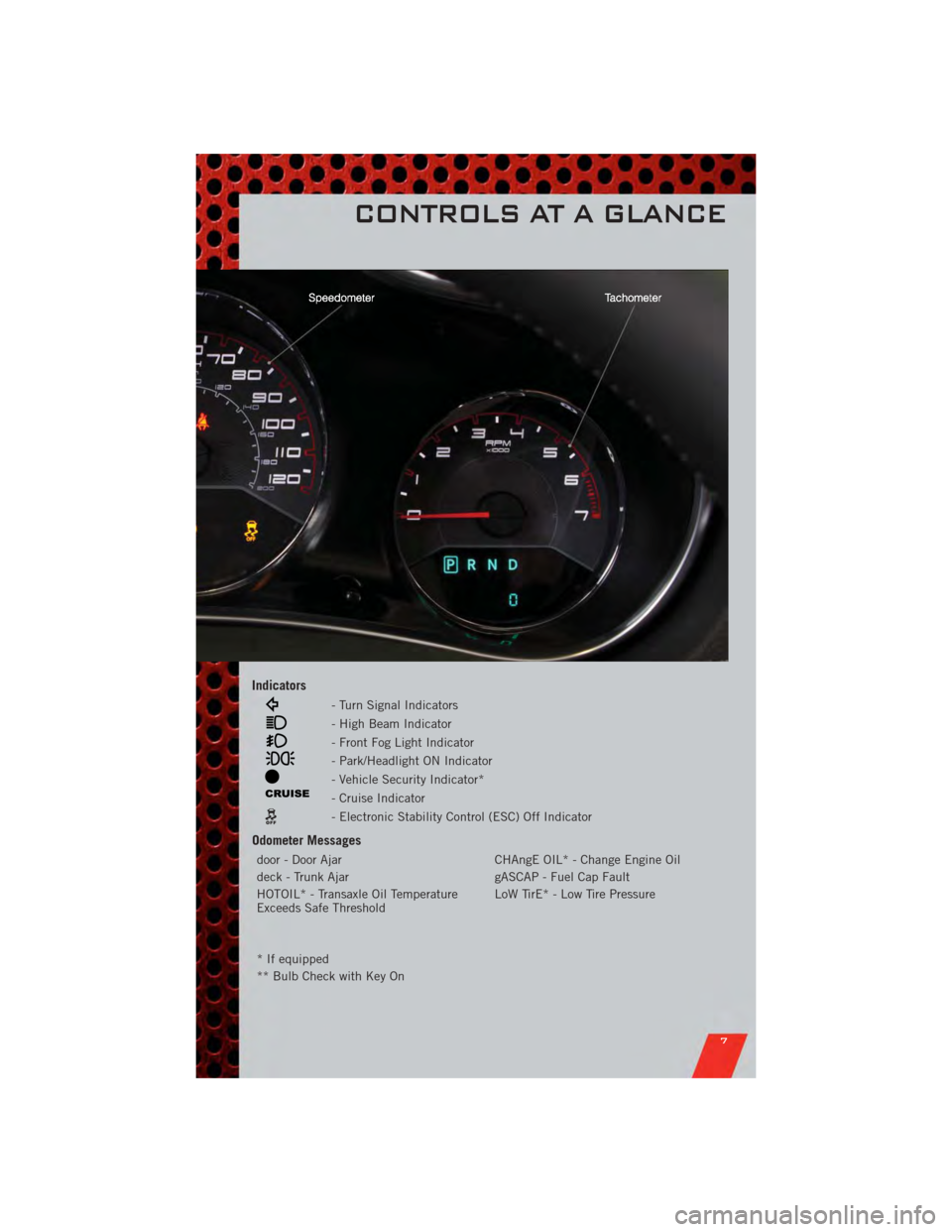 DODGE AVENGER 2011 2.G User Guide Indicators
- Turn Signal Indicators
- High Beam Indicator
- Front Fog Light Indicator
- Park/Headlight ON Indicator
- Vehicle Security Indicator*
- Cruise Indicator
- Electronic Stability Control (ESC