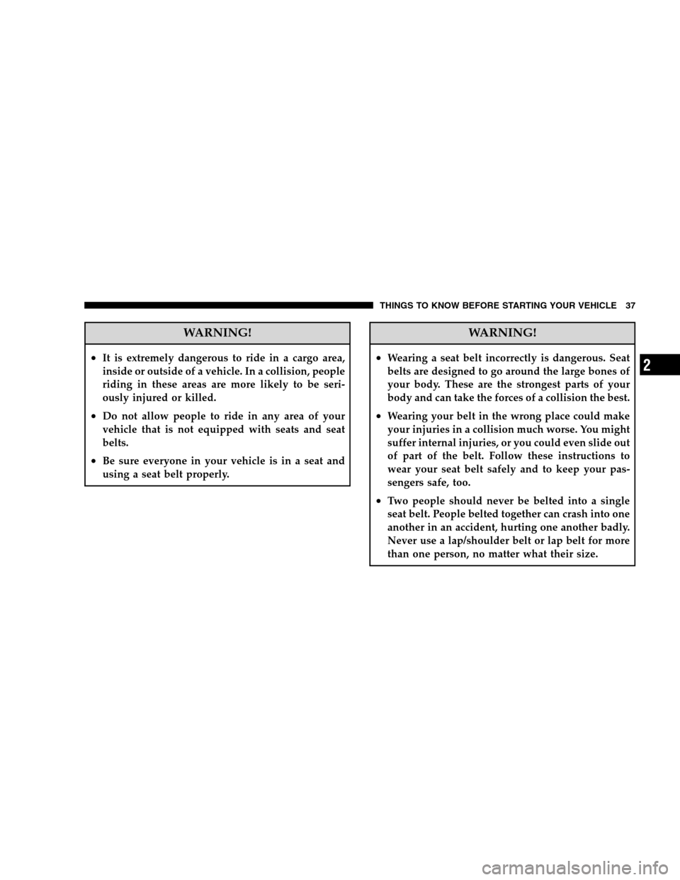 DODGE CALIBER 2008 1.G Owners Manual WARNING!
•It is extremely dangerous to ride in a cargo area,
inside or outside of a vehicle. In a collision, people
riding in these areas are more likely to be seri-
ously injured or killed.
•Do n