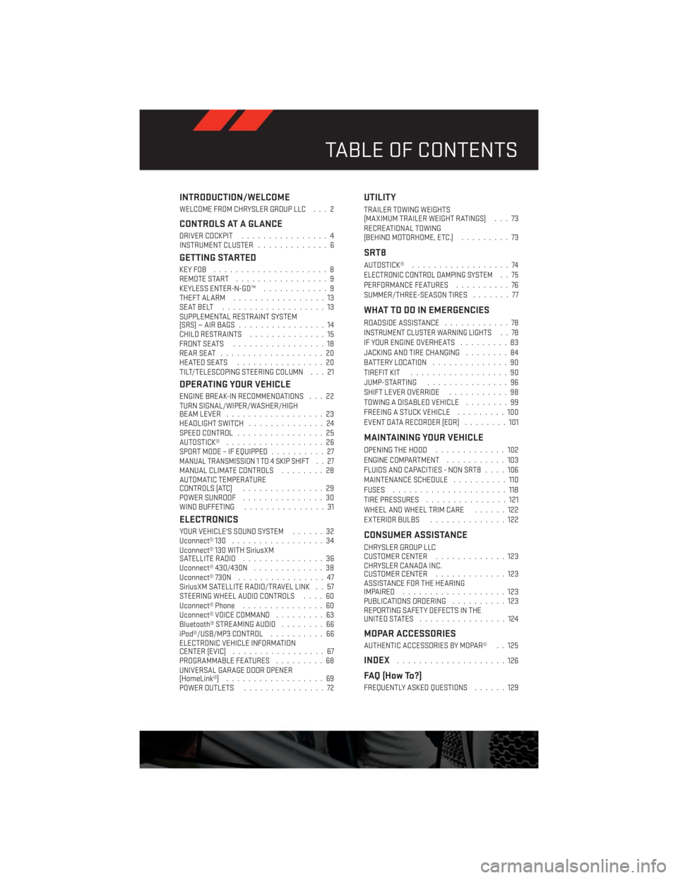 DODGE CHALLENGER 2013 3.G User Guide INTRODUCTION/WELCOME
WELCOME FROM CHRYSLER GROUP LLC . . . 2
CONTROLS AT A GLANCE
DRIVER COCKPIT................4
INSTRUMENT CLUSTER.............6
GETTING STARTED
KEYFOB .....................8
REMOTE 