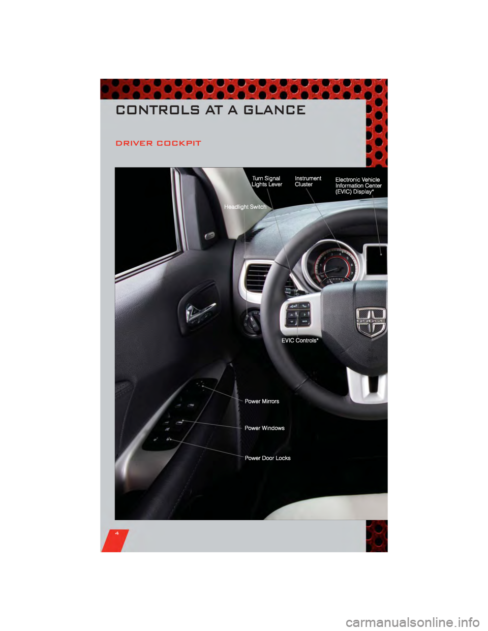 DODGE JOURNEY 2011 1.G User Guide DRIVER COCKPIT
CONTROLS AT A GLANCE
4 