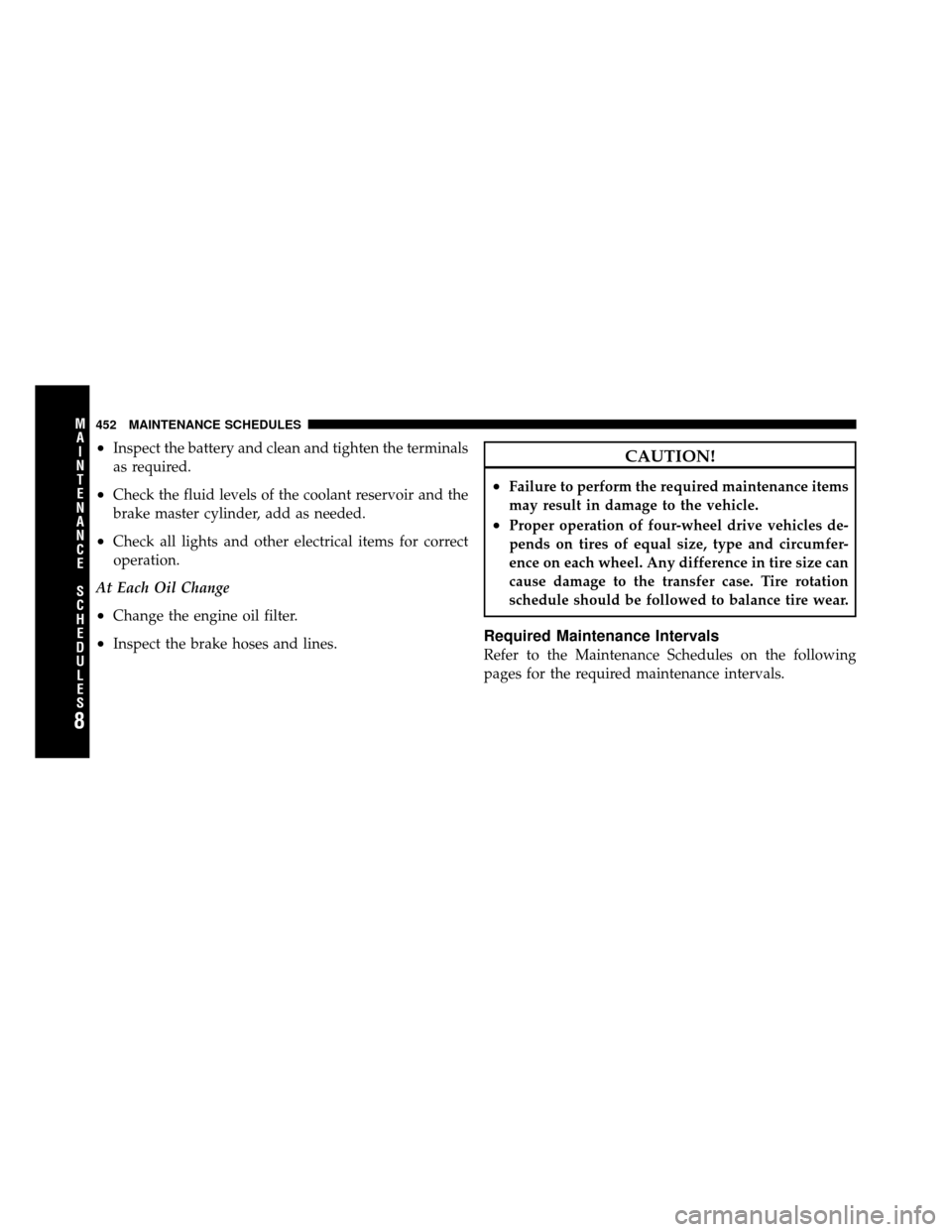 DODGE NITRO 2010 1.G Owners Manual •Inspect the battery and clean and tighten the terminals
as required.
•Check the fluid levels of the coolant reservoir and the
brake master cylinder, add as needed.
•Check all lights and other e