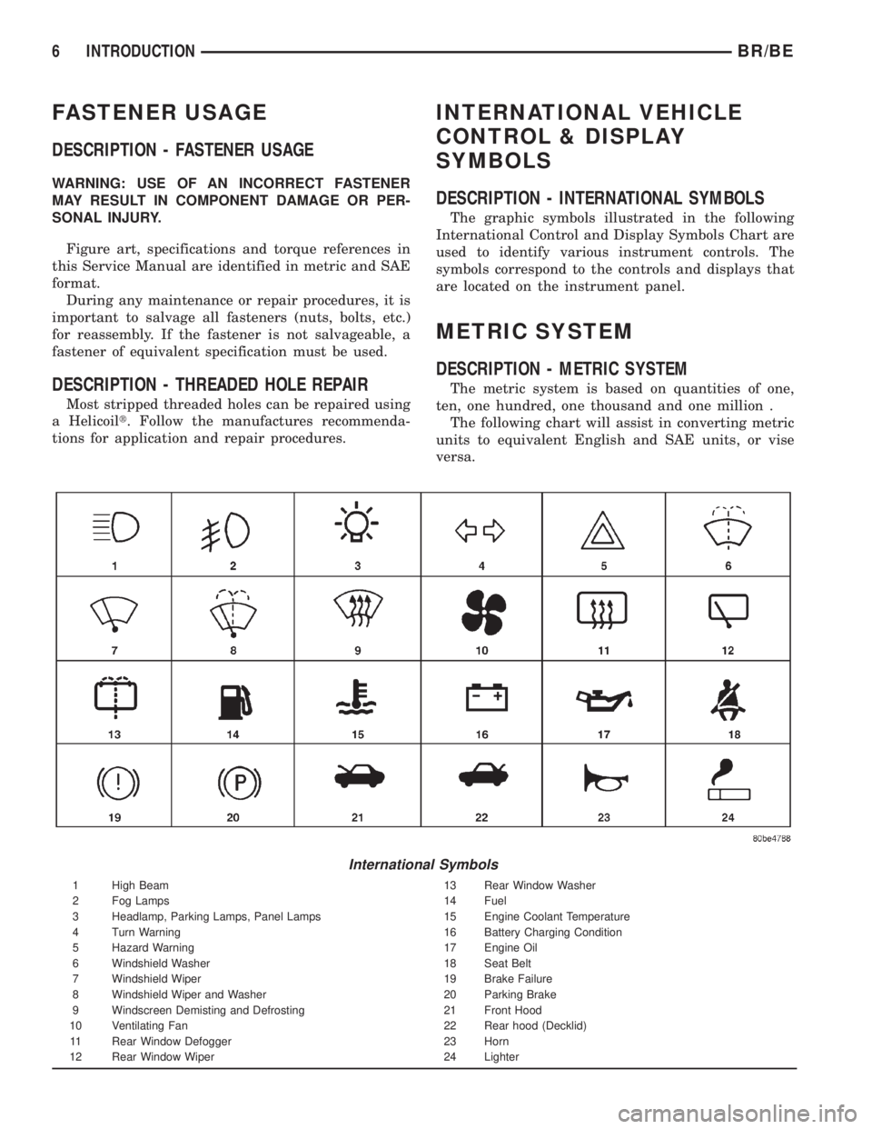 DODGE RAM 2001  Service Repair Manual FASTENER USAGE
DESCRIPTION - FASTENER USAGE
WARNING: USE OF AN INCORRECT FASTENER
MAY RESULT IN COMPONENT DAMAGE OR PER-
SONAL INJURY.
Figure art, specifications and torque references in
this Service 
