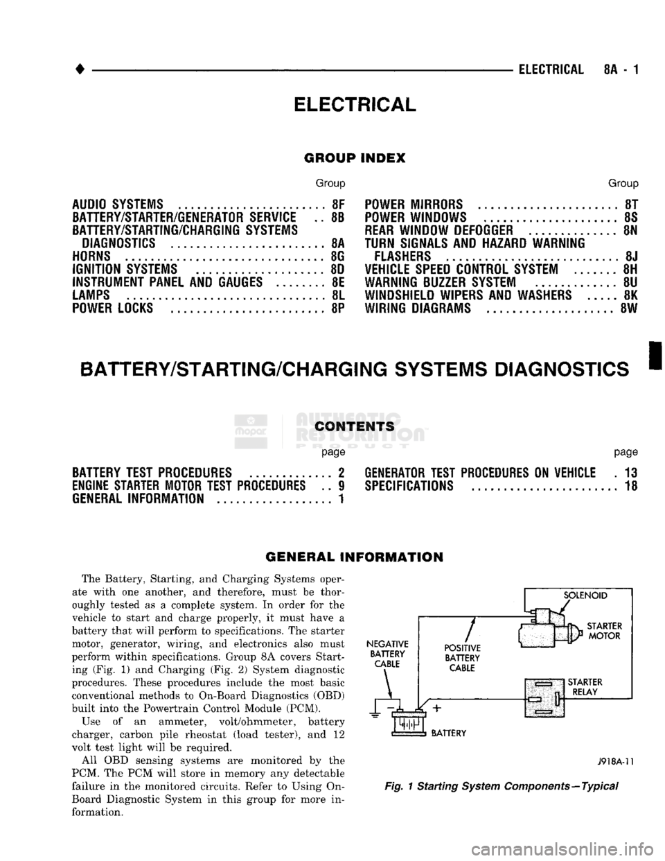 DODGE TRUCK 1993  Service Repair Manual 
• 

ELECTRICAL 
 ELECTRICAL
 8A - 1 

Group 

AUDIO
 SYSTEMS
 8F 
 BATTERY/STARTER/GENERATOR
 SERVICE
 .. 8B 
BATTERY/STARTING/CHARGING
 SYSTEMS 

DIAGNOSTICS
 8A 

HORNS
 8G 

IGNITION
 SYSTEMS
 8