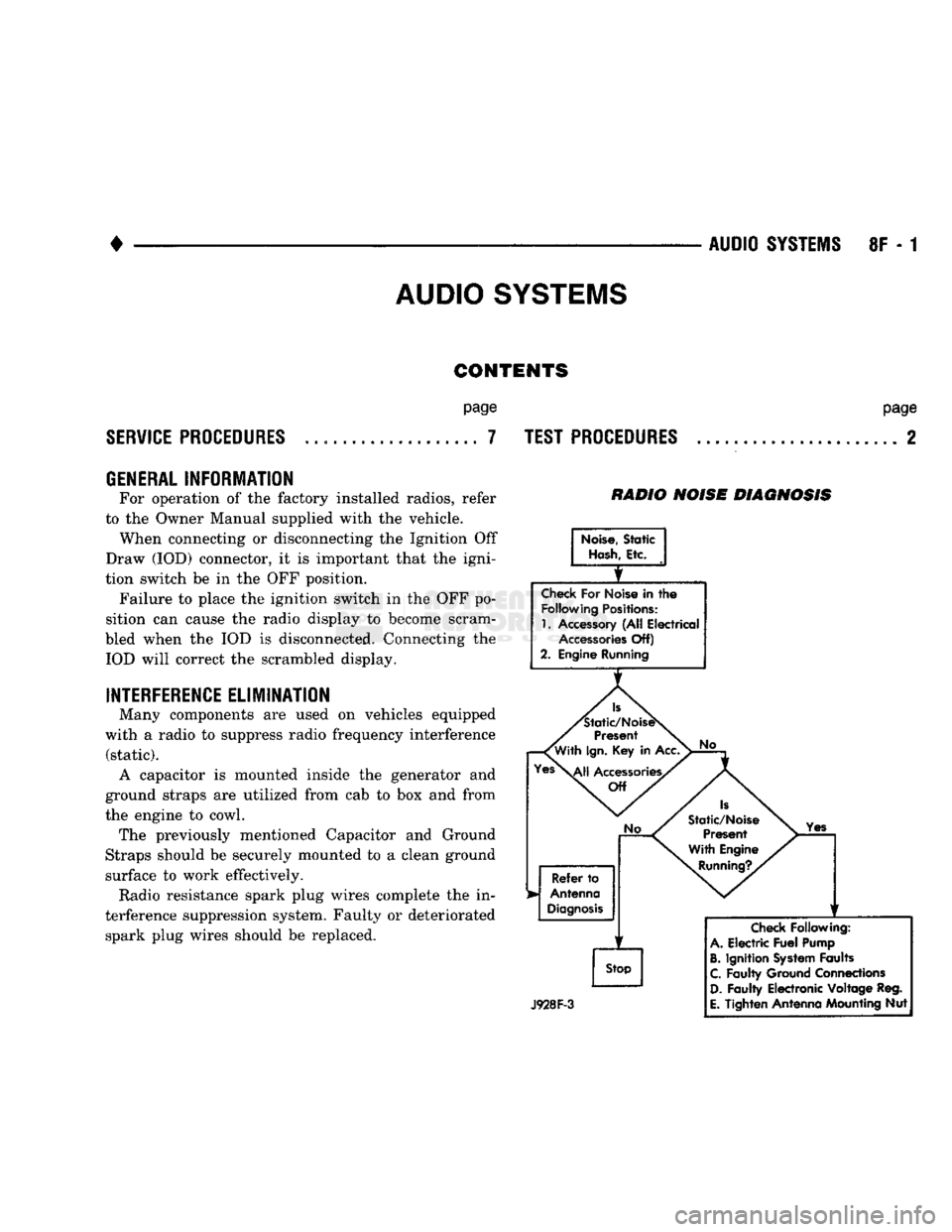 DODGE TRUCK 1993  Service Repair Manual 
AUDIO SYSTEMS 
CONTENTS 

SERVICE
 PROCEDURES 
 page 

.. 7 
 TEST PROCEDURES 
 page 

.. 2 

GENERAL
 INFORMATION 
 For operation of the factory installed radios, refer 
to the Owner Manual supplied
