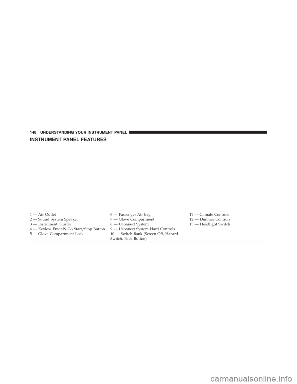 DODGE VIPER SRT 2016 VX / 3.G Owners Manual INSTRUMENT PANEL FEATURES
1 — Air Outlet6 — Passenger Air Bag11 — Climate Controls
2 — Sound System Speaker 7 — Glove Compartment12 — Dimmer Controls
3 — Instrument Cluster 8 — Uconnec