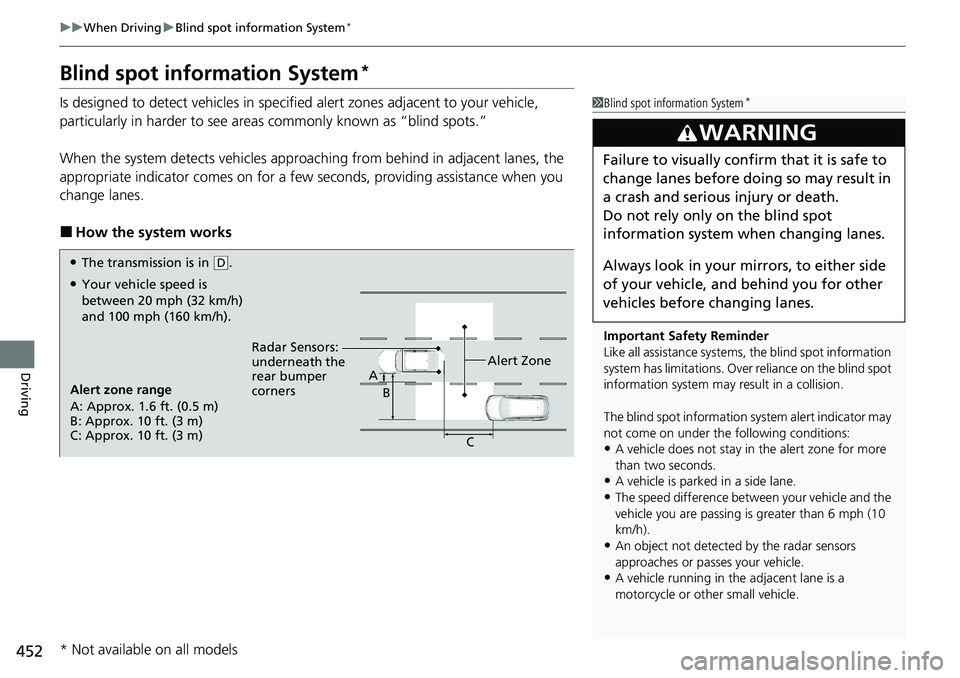 HONDA ACCORD SEDAN 2021  Owners Manual (in English) 452
uuWhen Driving uBlind spot information System*
Driving
Blind spot information System*
Is designed to detect vehicles in specified alert zones adjacent to your vehicle, 
particularly in harder to s