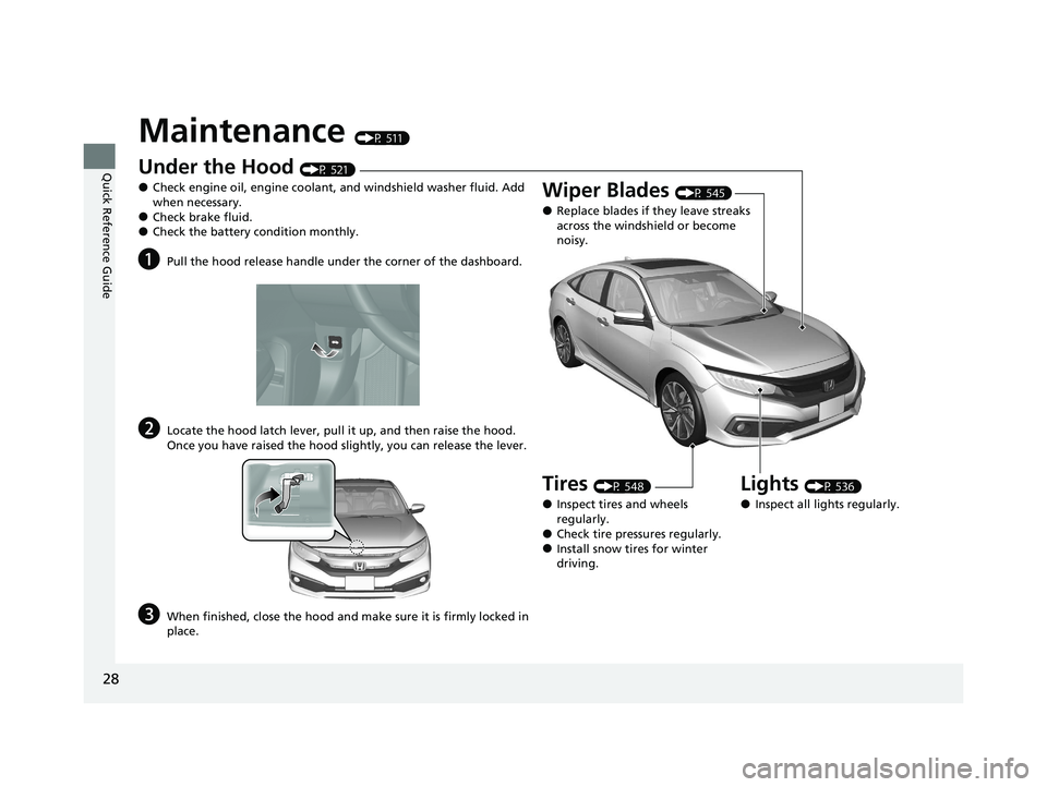 HONDA CIVIC SEDAN 2021  Owners Manual (in English) 28
Quick Reference Guide
Maintenance (P 511)
Under the Hood (P 521)
●Check engine oil, engine coolant, and windshield washer fluid. Add 
when necessary.
●Check brake fluid.●Check the battery con
