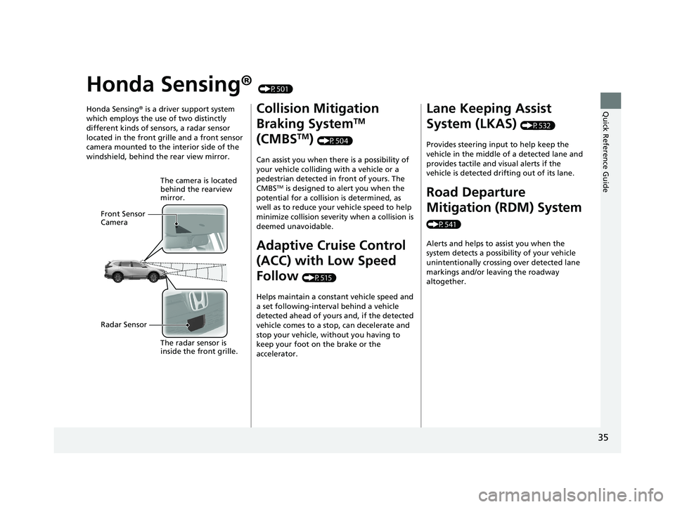 HONDA CR-V 2021  Owners Manual (in English) 35
Quick Reference Guide
Honda Sensing® (P501)
Honda Sensing ® is a driver support system 
which employs the use of two distinctly 
different kinds of sensors, a radar sensor 
located in the front g