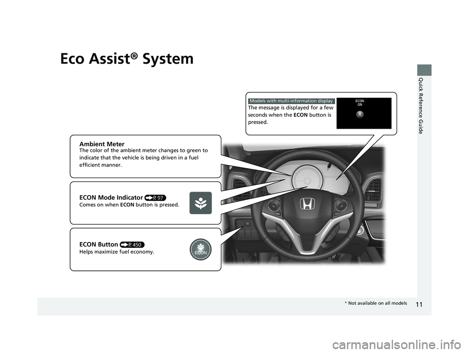 HONDA HR-V 2021  Owners Manual (in English) 11
Quick Reference Guide
Eco Assist® System
Ambient MeterThe color of the ambient meter changes to green to 
indicate that the vehicle is being driven in a fuel 
efficient manner.
ECON Button (P450)
