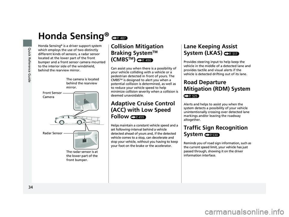 HONDA INSIGHT 2021  Owners Manual (in English) 34
Quick Reference Guide
Honda Sensing® (P 487)
Honda Sensing ® is a driver support system 
which employs the use of two distinctly 
different kinds of sensors, a radar sensor 
located at the lower 