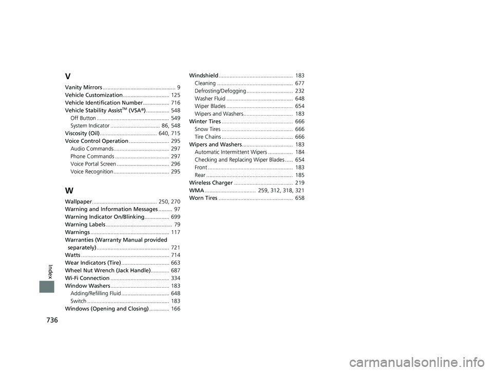 HONDA PILOT 2021  Owners Manual (in English) 736
Index
V
Vanity Mirrors...............................................  9
Vehicle Customization .............................. 125
Vehicle Identification Number ................. 716
Vehicle Stabil