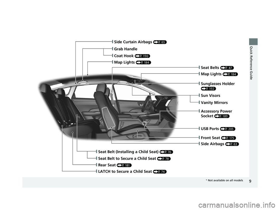 HONDA CLARITY PLUG-IN 2019  Owners Manual (in English) 9
Quick Reference Guide
❙Side Airbags (P 63)
❙Side Curtain Airbags (P 65)
❙Seat Belts (P 47)
❙Seat Belt (Installing a Child Seat) (P 76)
❙Rear Seat (P 181)
❙Coat Hook (P 190)
❙Map Lights