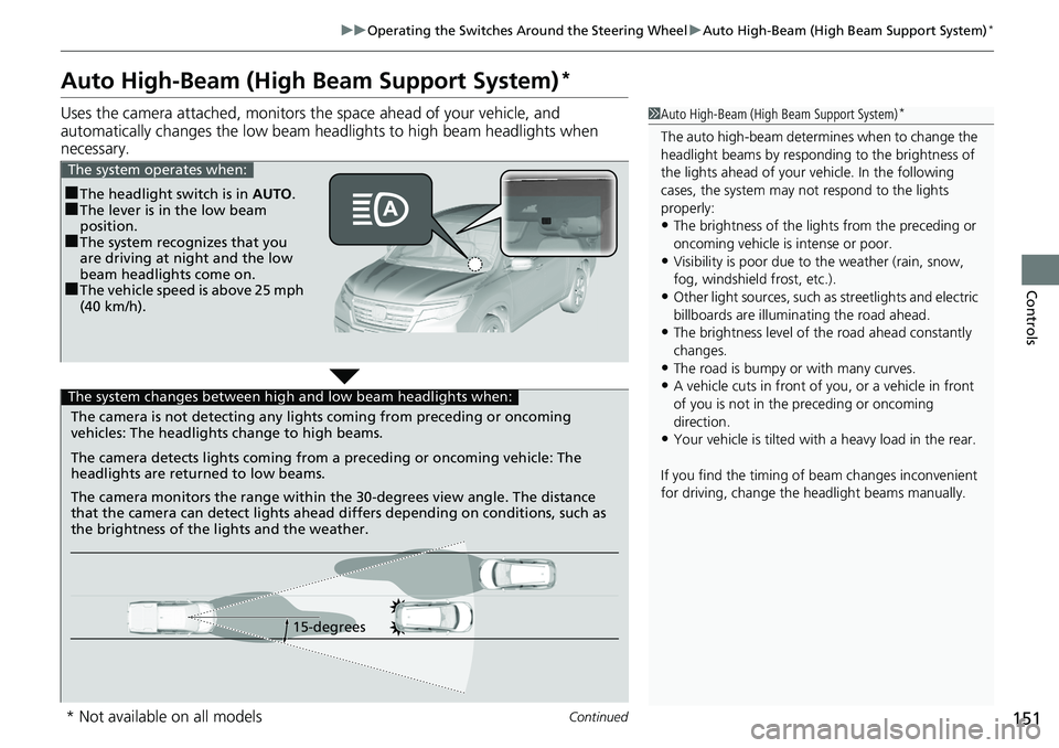 HONDA RIDGELINE 2018  Owners Manual (in English) 151
uuOperating the Switches Around the Steering Wheel uAuto High-Beam (High Beam Support System)*
Continued
Controls
Auto High-Beam (High Beam Support System)*
Uses the camera attached, monitors th e