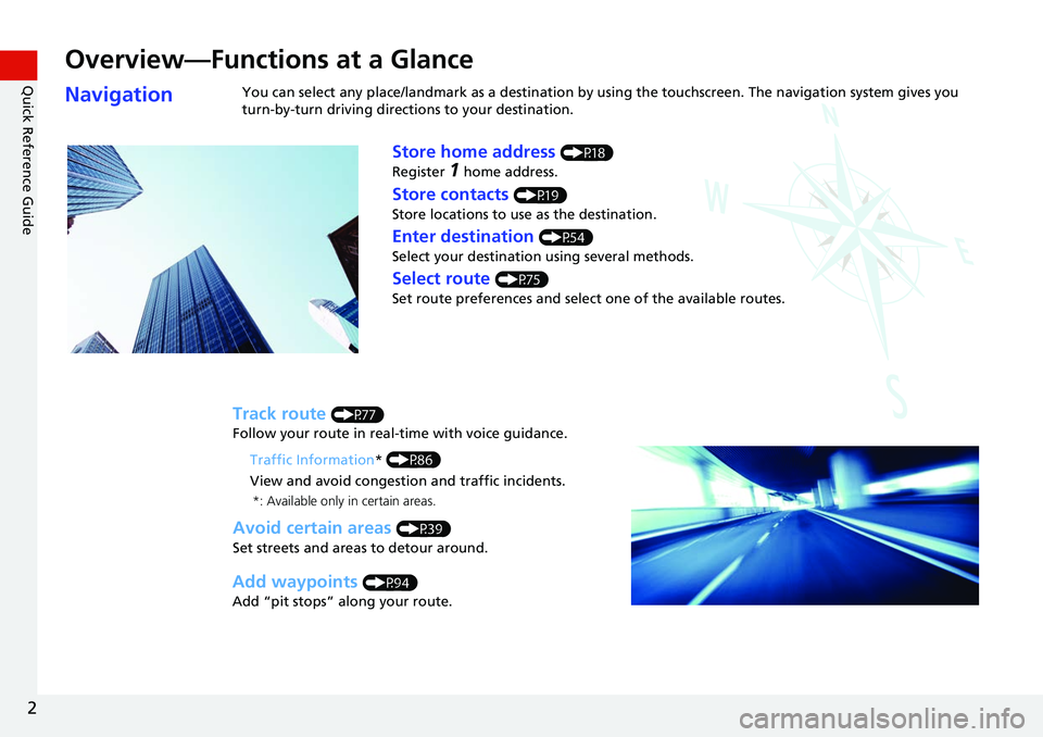 HONDA CLARITY ELECTRIC 2017  Navigation Manual (in English) 2
Quick Reference Guide
Quick Reference Guide
Overview—Functions at a Glance
NavigationYou can select any place/landmark as a destination by using the touchscreen. The navigation system gives you 
t