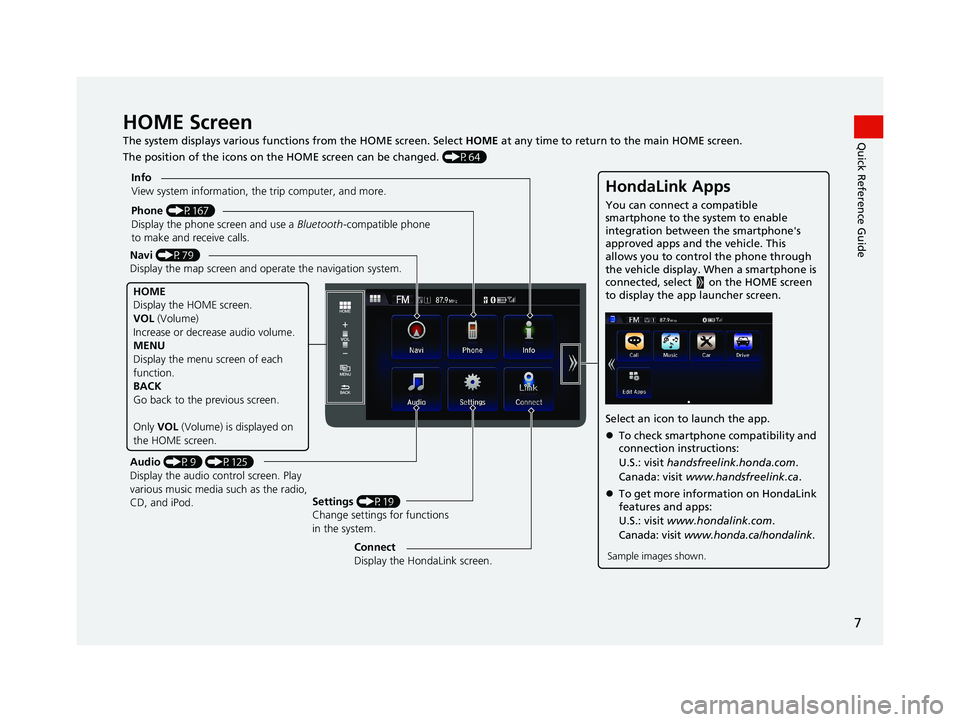 HONDA CIVIC SEDAN 2014  Navigation Manual (in English) 7
Quick Reference GuideHOME Screen
The system displays various functions from the HOME screen. Select HOME at any time to return to the main HOME screen.
The position of the icons on the HOME screen c