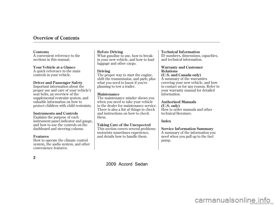 HONDA ACCORD SEDAN 2009  Owners Manual (in English) A convenient ref erence to the 
sections in this manual. 
A quick ref erence to the main 
controls in your vehicle. 
Explains the purpose of each 
instrument panel indicator and gauge,
and how to use 