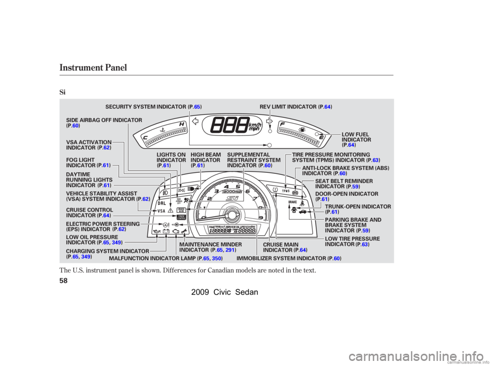 HONDA CIVIC SEDAN 2009  Owners Manual (in English) The U.S. instrument panel is shown. Dif f erences f or Canadian models are noted in the text.
Instrument Panel
Si
58
LOW FUEL 
INDICATOR
MAINTENANCE MINDER
INDICATOR
CRUISE CONTROL
INDICATOR
IMMOBILIZ
