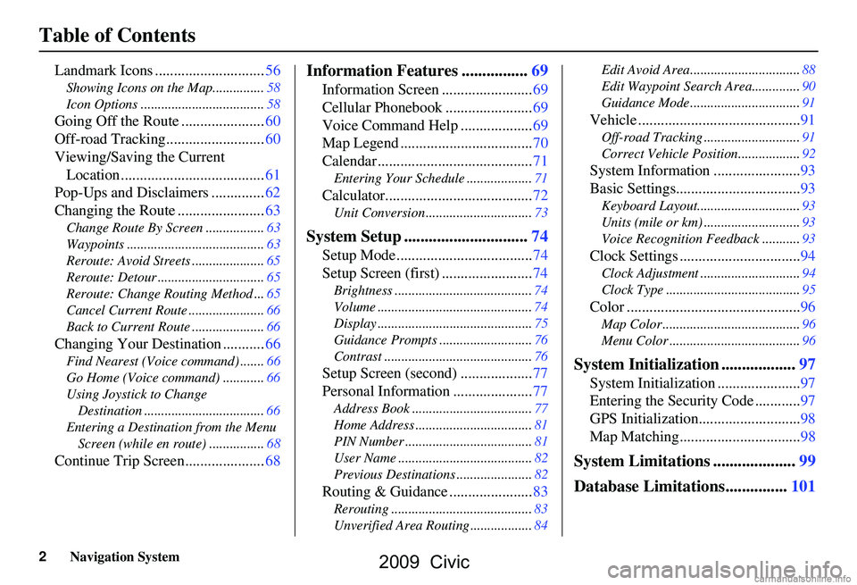 HONDA CIVIC SEDAN 2009  Navigation Manual (in English) 2Navigation System
Table of Contents
Landmark Icons .............................56
Showing Icons on the Map...............58 
Icon Options ....................................58
Going Off the Route .