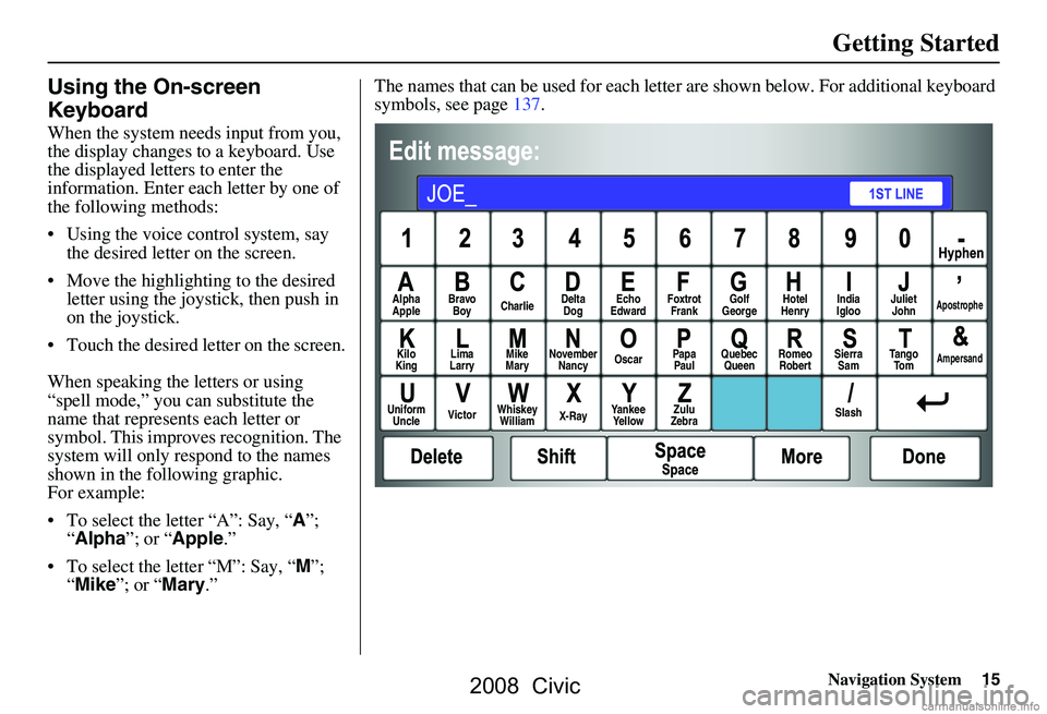 HONDA CIVIC SEDAN 2008  Navigation Manual (in English) Navigation System15
Getting Started
Using the On-screen  
Keyboard
When the system needs input from you,  
the display changes to a keyboard. Use 
the displayed letters to enter the 
information. Ente