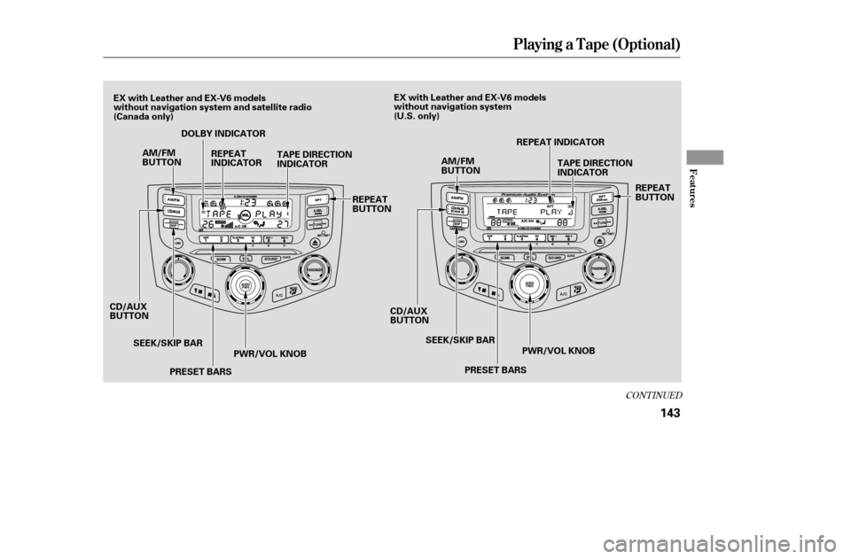 HONDA ACCORD 2005 CL7 / 7.G Owners Manual CONT INUED
Playing a T ape (Opt ional)
Features
143
AM/FM 
BUTTON
PRESET BARS
CD/AUX
BUTTON
SEEK/SKIP BAR PWR/VOL KNOB CD/AUX
BUTTON
SEEK/SKIP BAR
PRESET BARS PWR/VOL KNOB
AM/FM
BUTTON
TAPE DIRECTION
