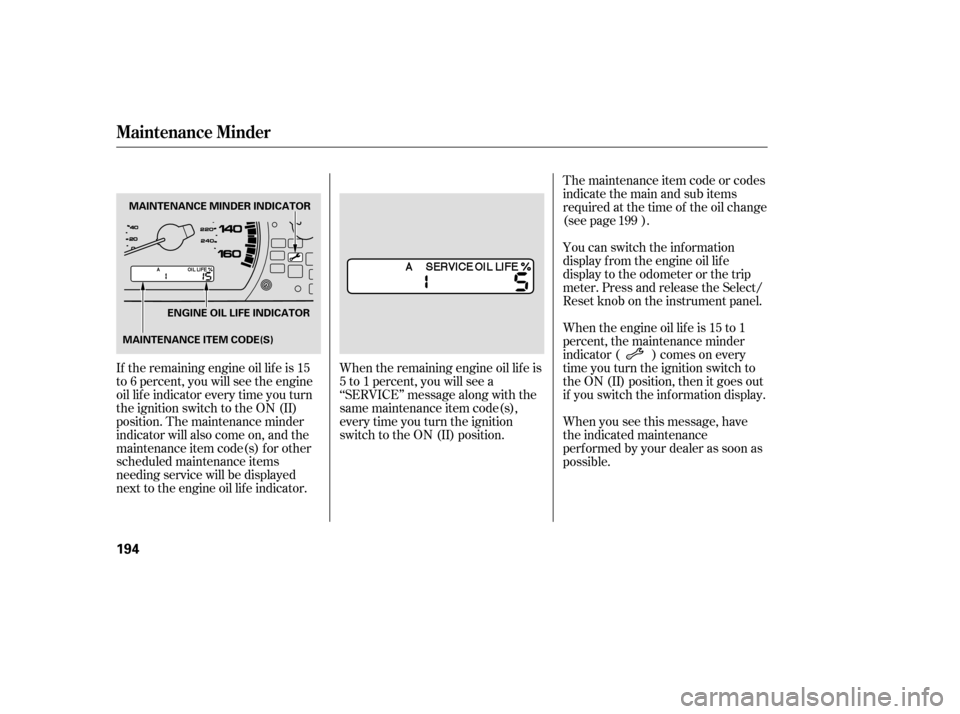 HONDA ACCORD 2007 CL7 / 7.G Owners Manual If the remaining engine oil lif e is 15 
to 6 percent, you will see the engine
oil lif e indicator every time you turn
the ignition switch to the ON (II)
position. The maintenance minder
indicator wil